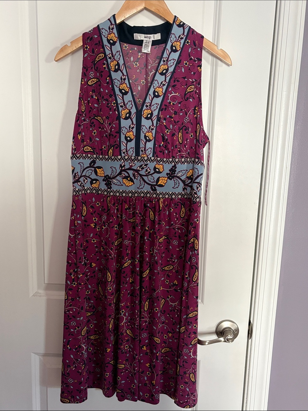 Wisp Purple Floral V-Neck Midi Dress with Blue Contrast Trim
